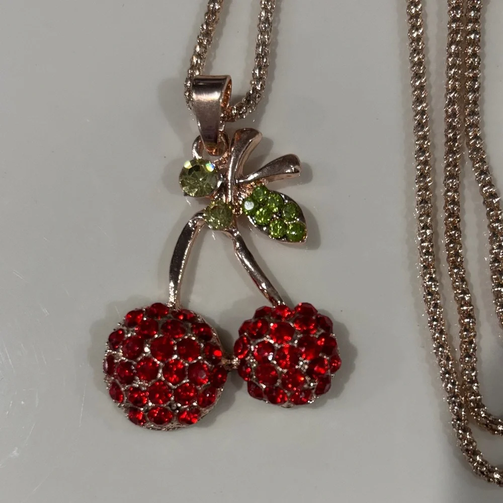 Elegant Cherry Pendant Necklace with Red and Green Crystals - Picture 2 of 3
